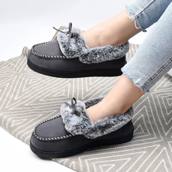 Women's Gray Fuzzy Fluffy Warm Winter Soft Closed Back Fur Lined Slippers Boot - Picture 2 of 6